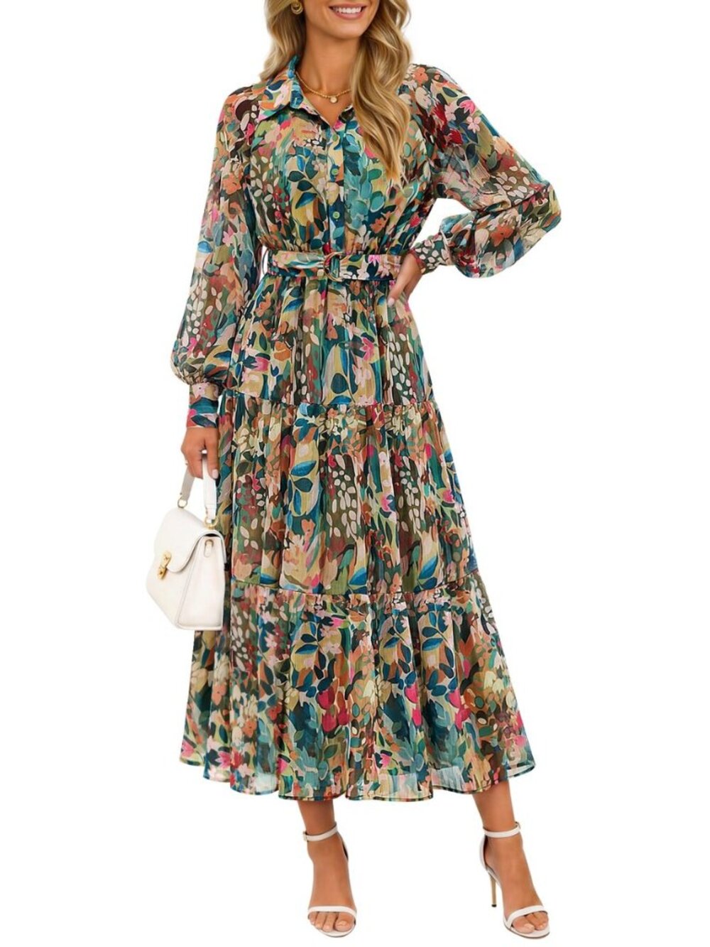 Women's Long Sleeve Floral Casual Flowy Wedding Guest Maxi Dresses
